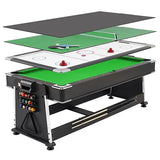 A versatile 4-in-1 game table featuring interchangeable surfaces for table tennis, pool, air hockey, and dining, designed with a modern black finish and sturdy legs for indoor recreational use.