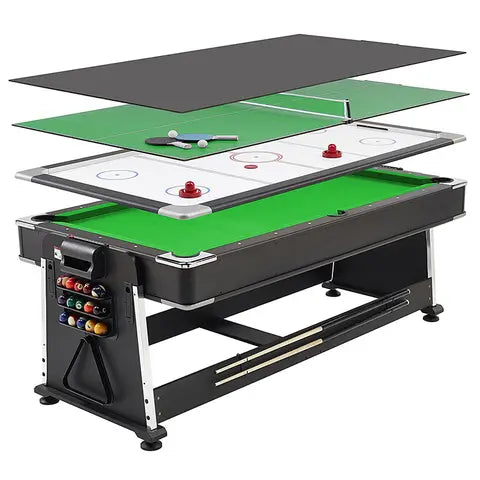 A versatile 4-in-1 game table featuring interchangeable surfaces for table tennis, pool, air hockey, and dining, designed with a modern black finish and sturdy legs for indoor recreational use.