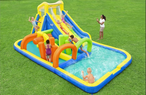 Bestway (53411E) H2OGO! AquaRace Kids Inflatable Outdoor Water Park with Dual Slides, Built-in Sprayer, Splash Pool, Storage Bag, Air Blower for Quick
